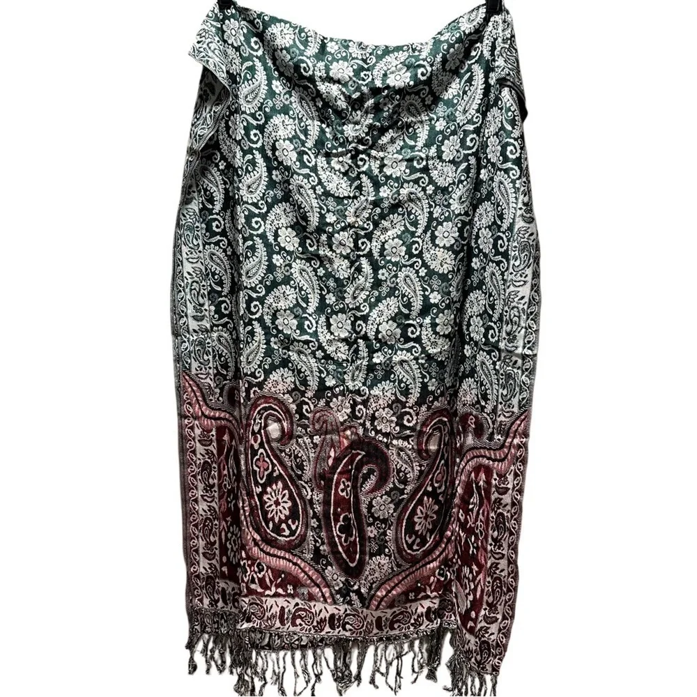 Elegant Shawl in Green & Red Paisley -Versatile Wrap, Scarf, or Veil, Soft Rayon